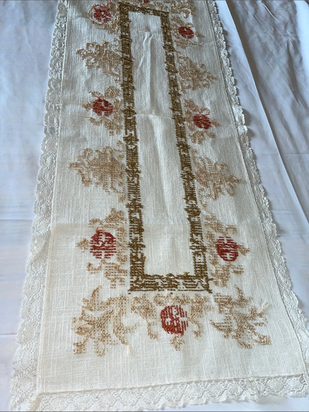 Hand-Embroidered Cream Linen Table Runner with Rust Floral Accents 17” x42”